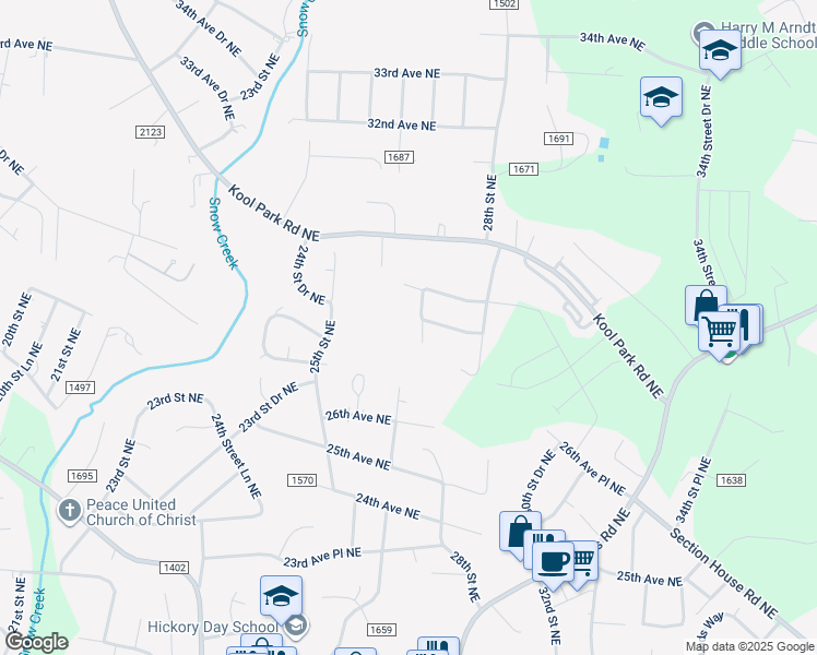 map of restaurants, bars, coffee shops, grocery stores, and more near 2733 27th Street Northeast in Hickory