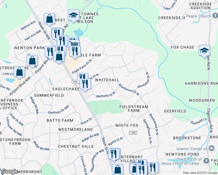 map of restaurants, bars, coffee shops, grocery stores, and more near 3305 Whitlock Drive North in Wilson
