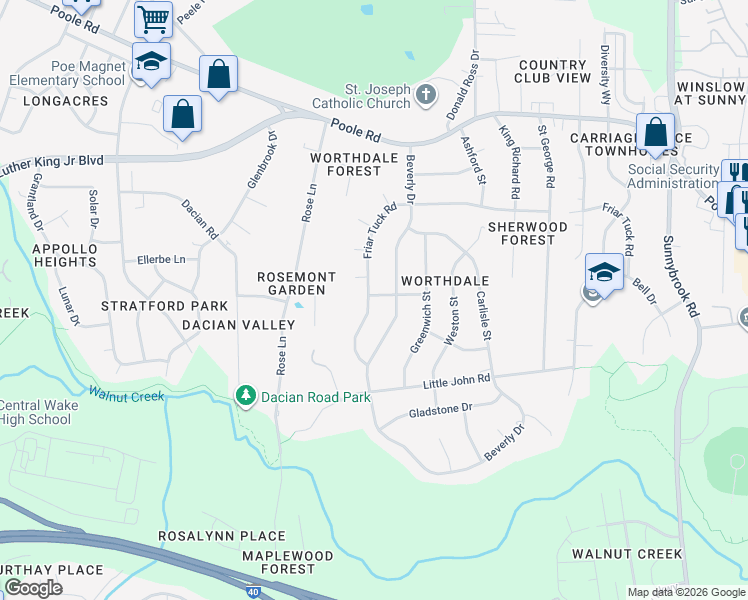 map of restaurants, bars, coffee shops, grocery stores, and more near 2708 Bromley Street in Raleigh