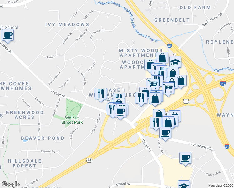 map of restaurants, bars, coffee shops, grocery stores, and more near 1260 Donaldson Court in Cary