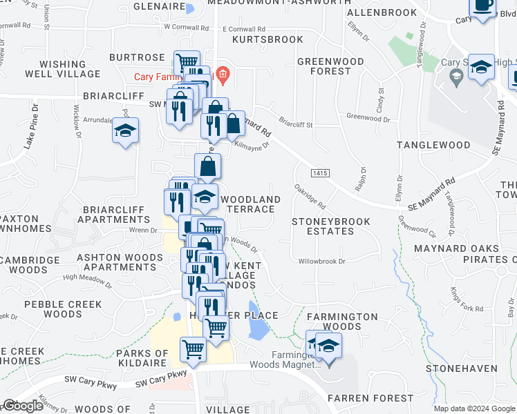 map of restaurants, bars, coffee shops, grocery stores, and more near 300 Kildaire Woods Drive in Cary