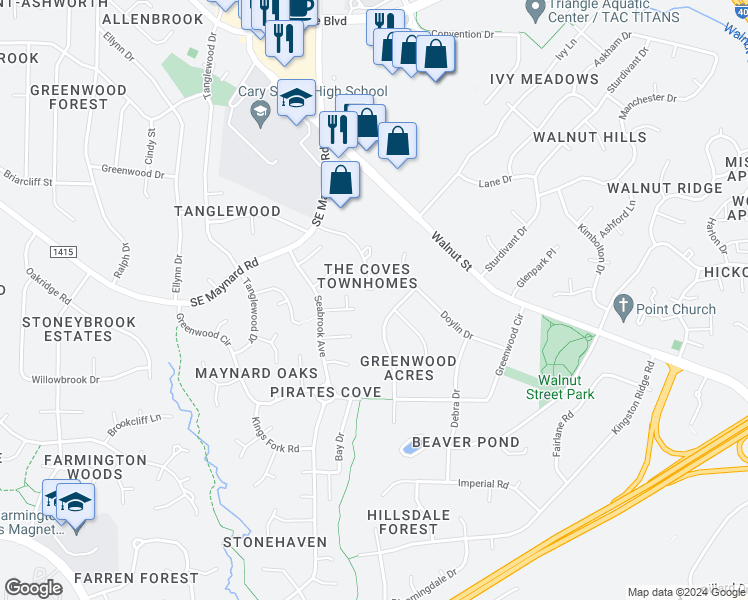 map of restaurants, bars, coffee shops, grocery stores, and more near 1226 Collington Drive in Cary