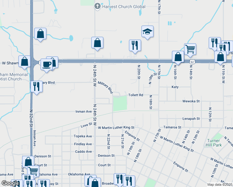 map of restaurants, bars, coffee shops, grocery stores, and more near 2200 Military Boulevard in Muskogee