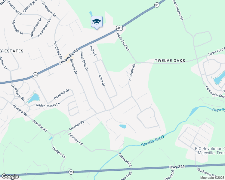 map of restaurants, bars, coffee shops, grocery stores, and more near 312 Arbor Drive in Maryville