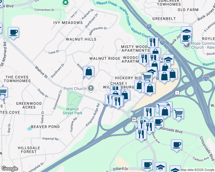 map of restaurants, bars, coffee shops, grocery stores, and more near 748 Donaldson Drive in Cary
