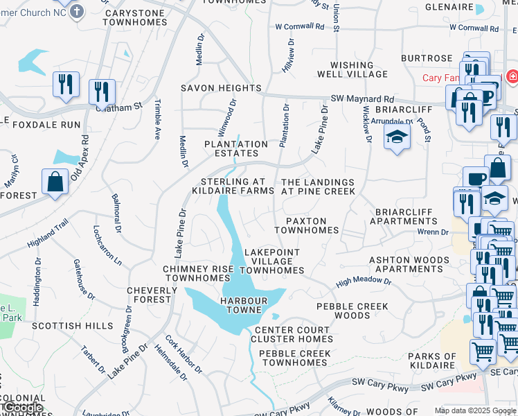 map of restaurants, bars, coffee shops, grocery stores, and more near 102 Grey Fox Court in Cary