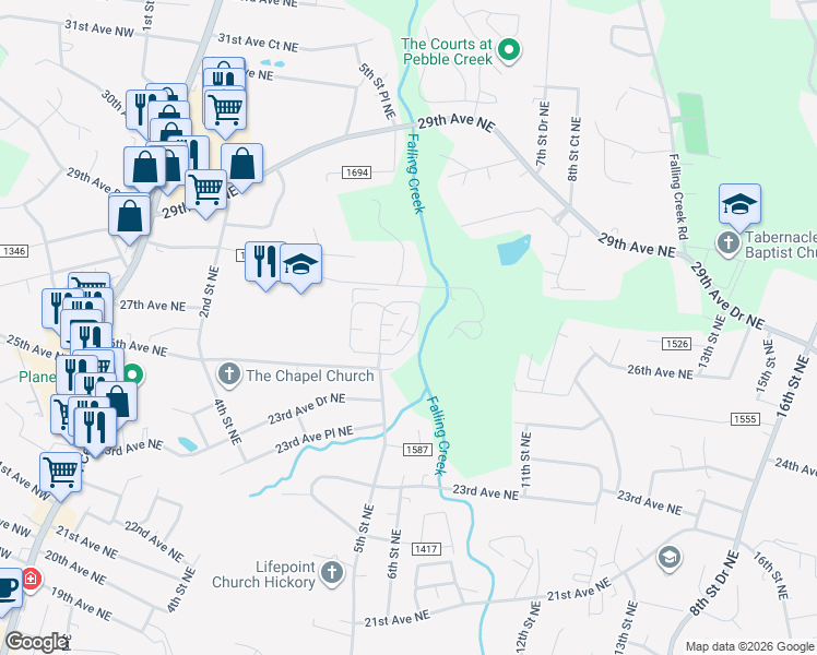 map of restaurants, bars, coffee shops, grocery stores, and more near 499 26th Avenue Northeast in Hickory