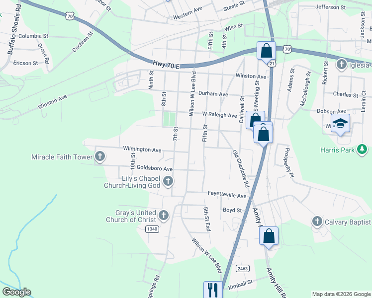 map of restaurants, bars, coffee shops, grocery stores, and more near 1340 Wilson W Lee Boulevard in Statesville