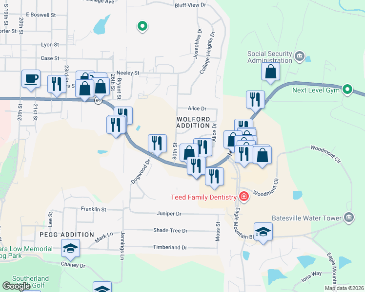 map of restaurants, bars, coffee shops, grocery stores, and more near 3042 Peggy Street in Batesville
