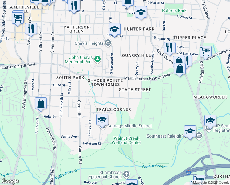 map of restaurants, bars, coffee shops, grocery stores, and more near 1119 Gregg Street in Raleigh