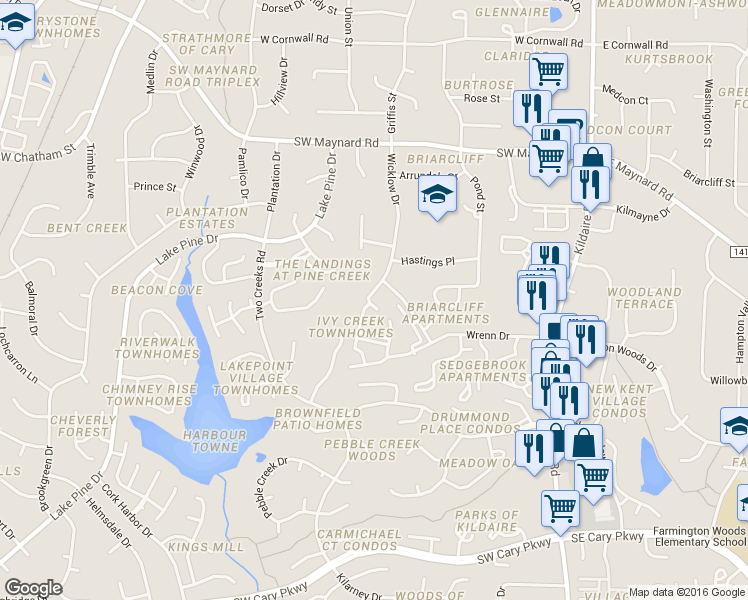map of restaurants, bars, coffee shops, grocery stores, and more near 209 Black Bird Court in Cary