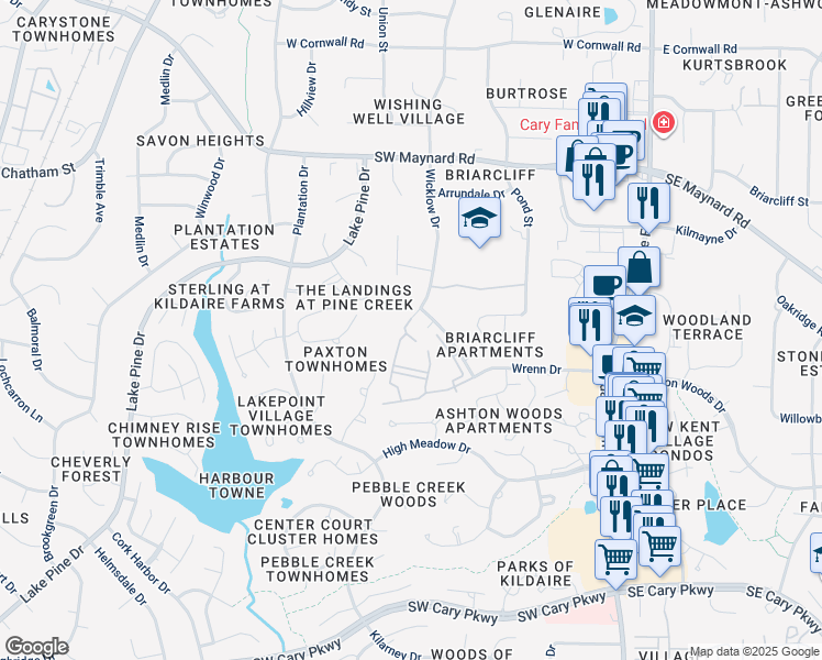 map of restaurants, bars, coffee shops, grocery stores, and more near 209 Black Bird Court in Cary