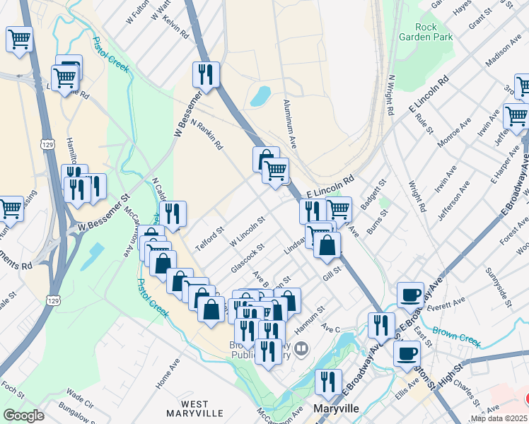 map of restaurants, bars, coffee shops, grocery stores, and more near 204 West Lincoln Street in Alcoa
