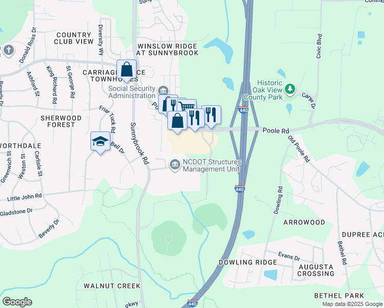 map of restaurants, bars, coffee shops, grocery stores, and more near 3499 Middle Branch Road in Raleigh