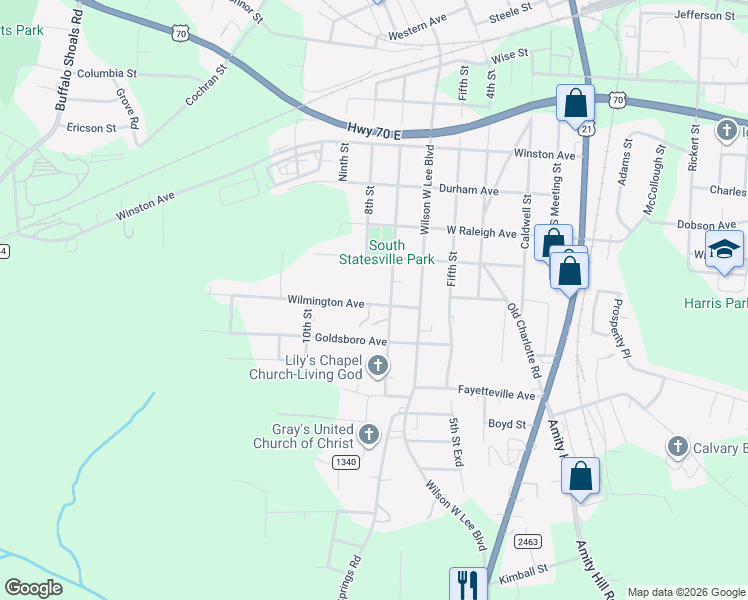 map of restaurants, bars, coffee shops, grocery stores, and more near 718 Wilmington Avenue in Statesville