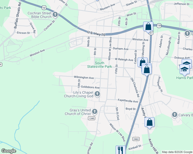 map of restaurants, bars, coffee shops, grocery stores, and more near 714 Wilmington Avenue in Statesville