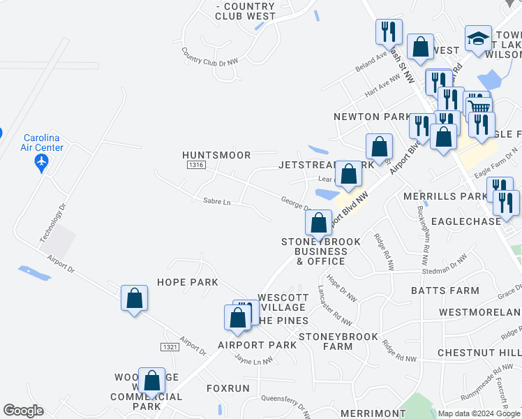 map of restaurants, bars, coffee shops, grocery stores, and more near 3812 Sabre Lane in Wilson
