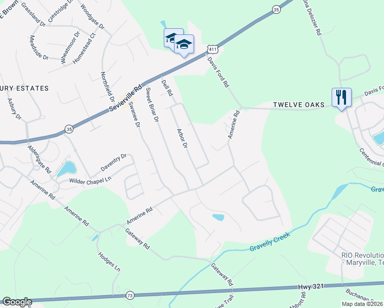 map of restaurants, bars, coffee shops, grocery stores, and more near 312 Arbor Drive in Maryville