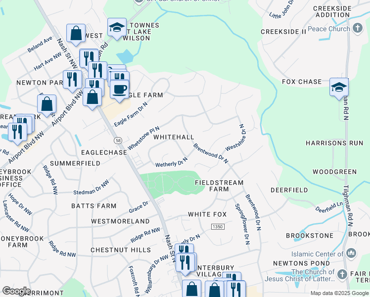 map of restaurants, bars, coffee shops, grocery stores, and more near 3305 Whitlock Drive North in Wilson
