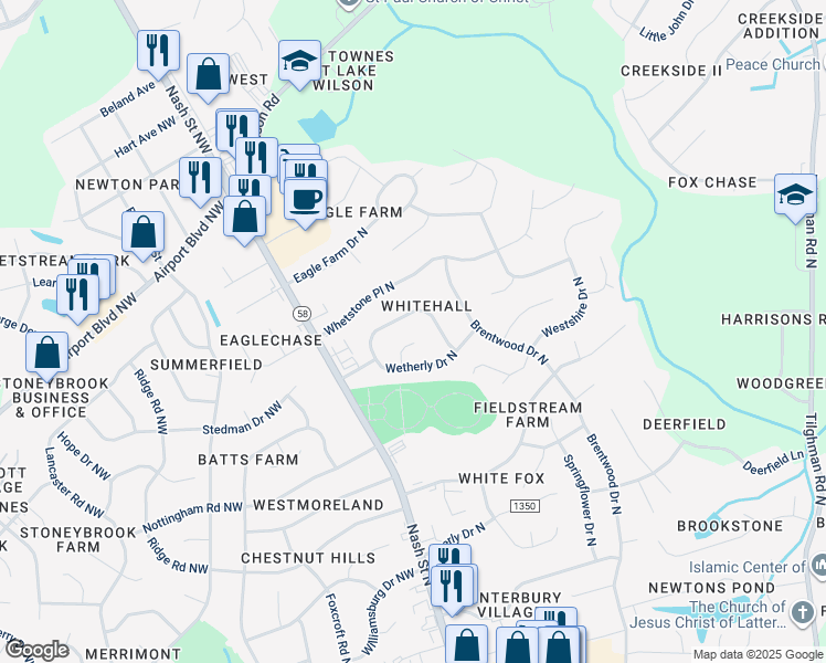 map of restaurants, bars, coffee shops, grocery stores, and more near 3407 Wembly Place in Wilson