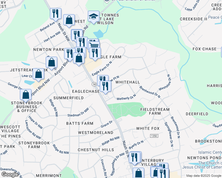 map of restaurants, bars, coffee shops, grocery stores, and more near 3323-3325 Whitlock Dr N in Wilson