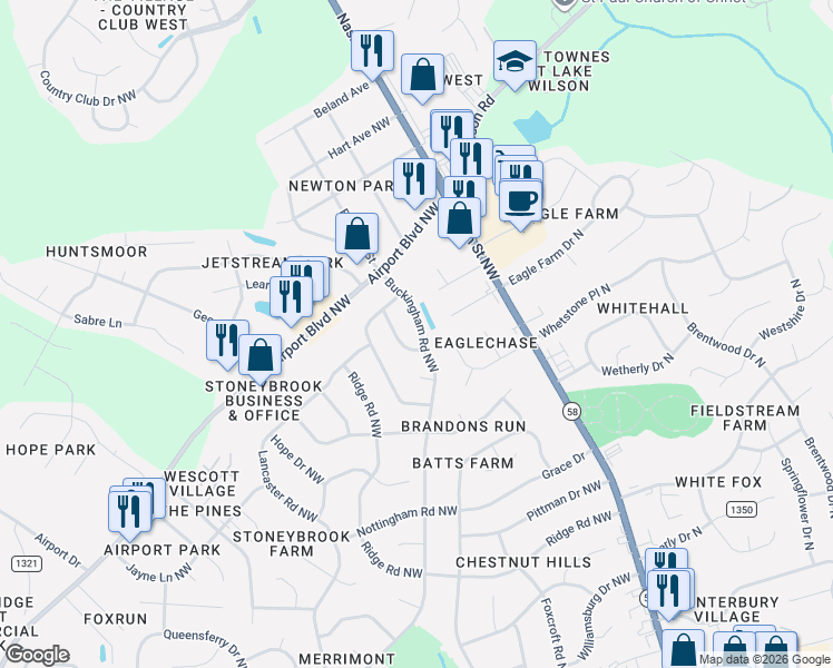 map of restaurants, bars, coffee shops, grocery stores, and more near 3004 Buckingham Road in Wilson
