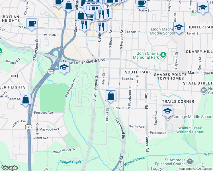 map of restaurants, bars, coffee shops, grocery stores, and more near 1128 South Blount Street in Raleigh