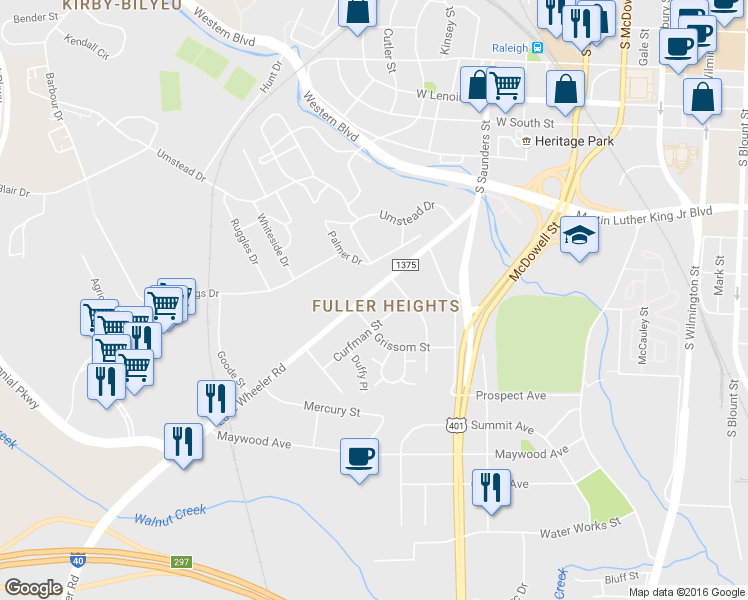 map of restaurants, bars, coffee shops, grocery stores, and more near 1325 Lake Wheeler Road in Raleigh
