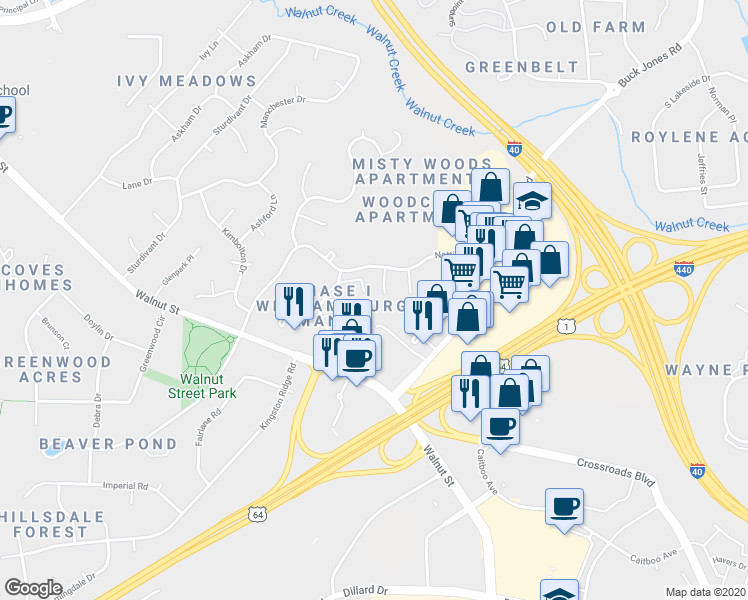 map of restaurants, bars, coffee shops, grocery stores, and more near 1260 Donaldson Court in Cary