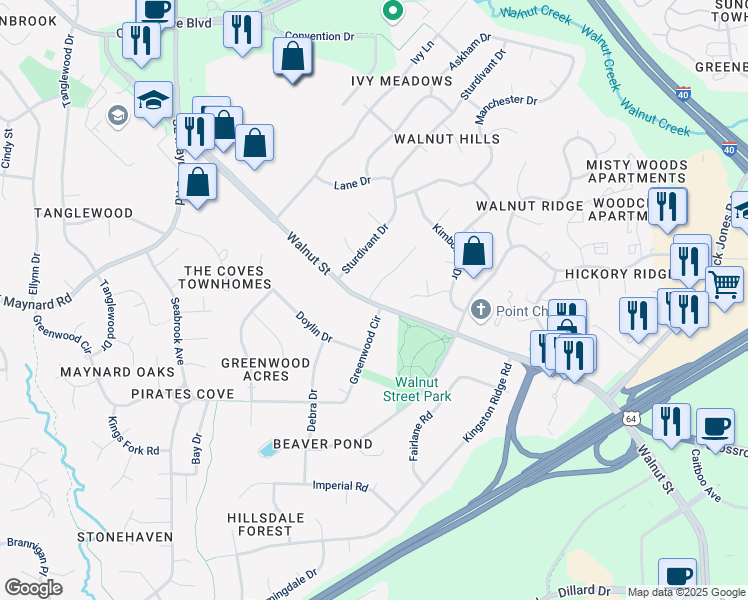 map of restaurants, bars, coffee shops, grocery stores, and more near 1306 Walnut Street in Cary
