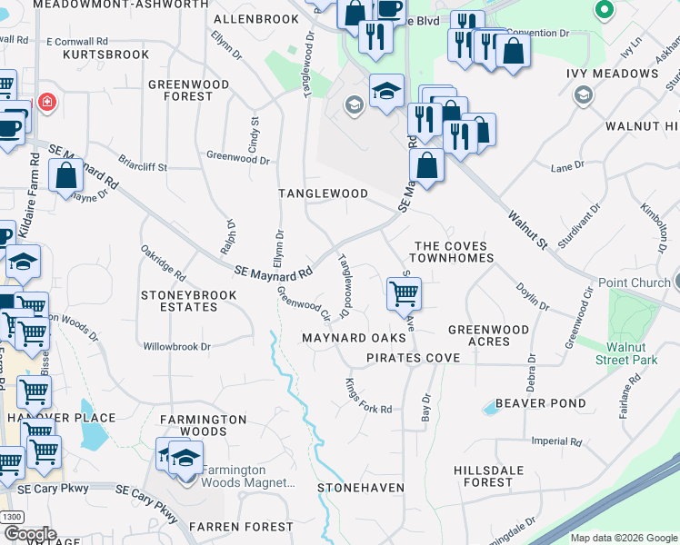 map of restaurants, bars, coffee shops, grocery stores, and more near 107 Nathaniel Court in Cary