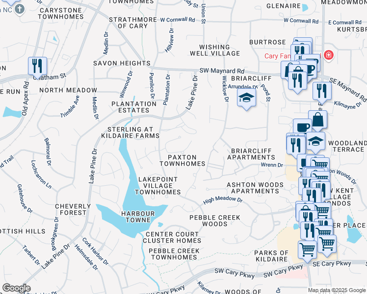 map of restaurants, bars, coffee shops, grocery stores, and more near 150 Greenmont Lane in Cary