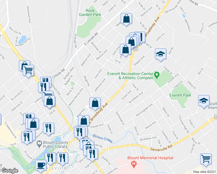 map of restaurants, bars, coffee shops, grocery stores, and more near 1255 East Harper Avenue in Maryville