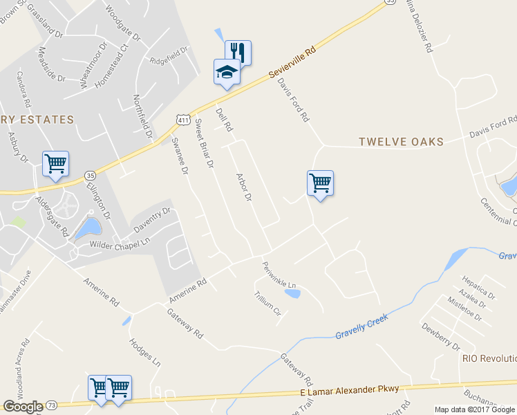 map of restaurants, bars, coffee shops, grocery stores, and more near 312 Arbor Drive in Maryville