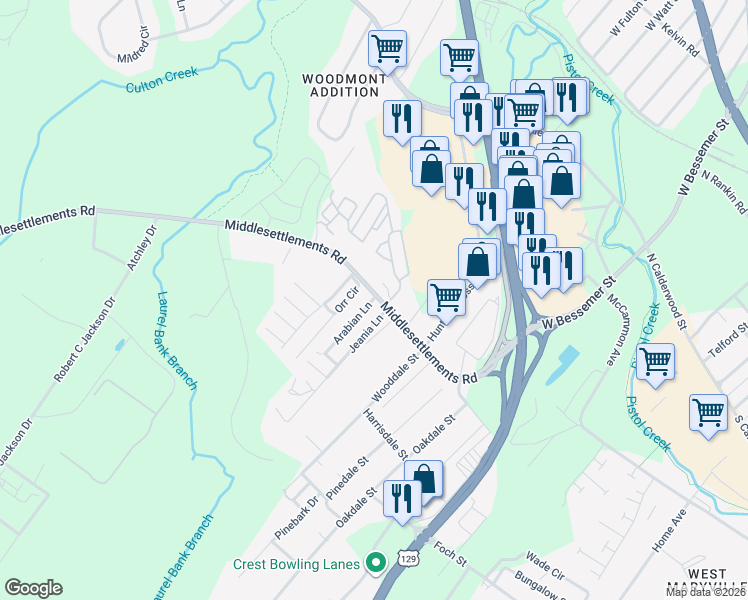 map of restaurants, bars, coffee shops, grocery stores, and more near 220 Arabian Lane in Maryville
