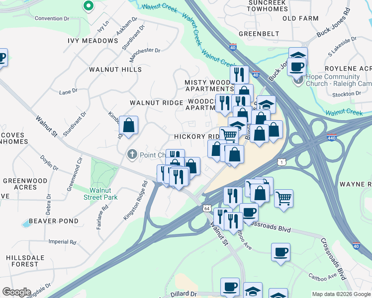 map of restaurants, bars, coffee shops, grocery stores, and more near 1260 Donaldson Court in Cary