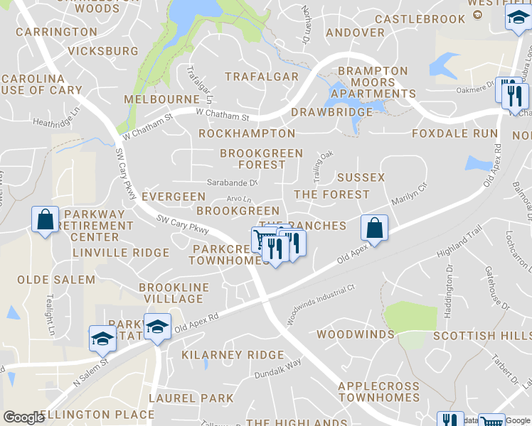 map of restaurants, bars, coffee shops, grocery stores, and more near 103 Romaine Court in Cary