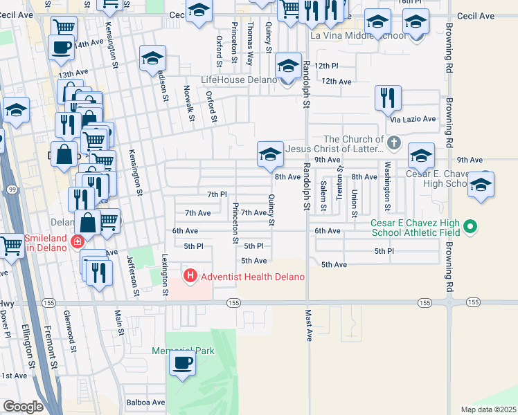 map of restaurants, bars, coffee shops, grocery stores, and more near 1631 7th Avenue in Delano