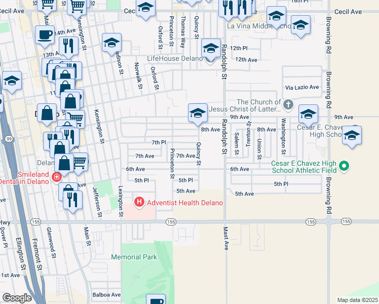 map of restaurants, bars, coffee shops, grocery stores, and more near 1631 7th Avenue in Delano