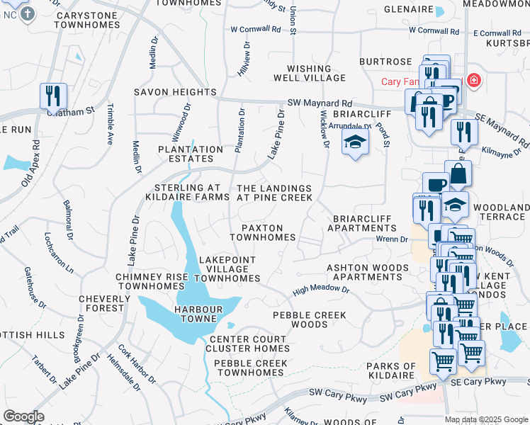 map of restaurants, bars, coffee shops, grocery stores, and more near 150 Greenmont Lane in Cary