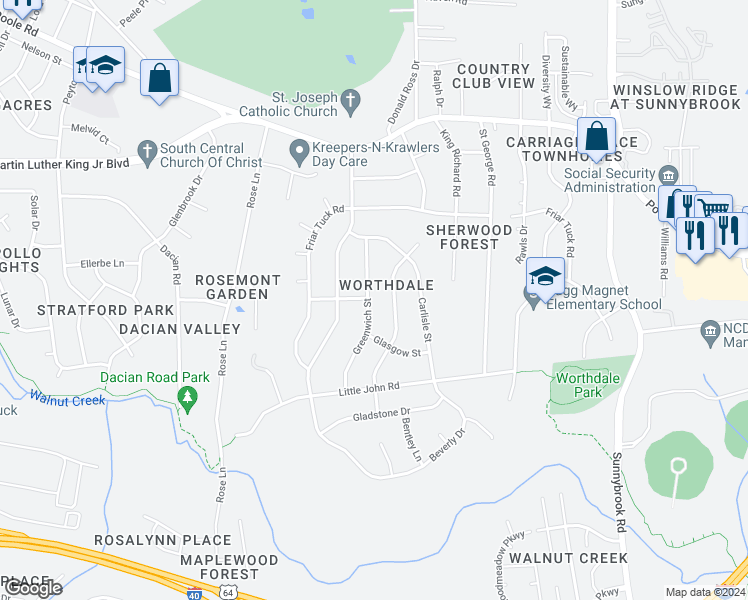 map of restaurants, bars, coffee shops, grocery stores, and more near 901 Greenwich Street in Raleigh