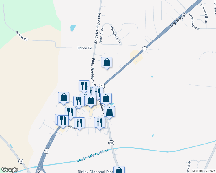 map of restaurants, bars, coffee shops, grocery stores, and more near 1036 U.S. 51 in Ripley