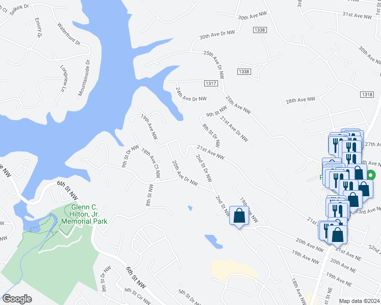 map of restaurants, bars, coffee shops, grocery stores, and more near 2095 2nd Street Drive Northwest in Hickory