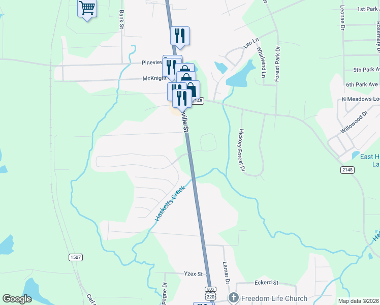map of restaurants, bars, coffee shops, grocery stores, and more near 44 Forest Brook Circle in Asheboro