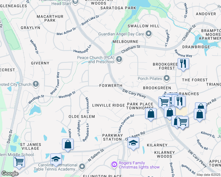 map of restaurants, bars, coffee shops, grocery stores, and more near 105 Jodhpur Drive in Cary