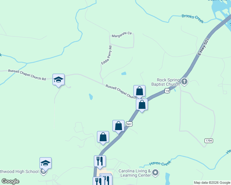 map of restaurants, bars, coffee shops, grocery stores, and more near 323 Russell Chapel Church Road in Pittsboro