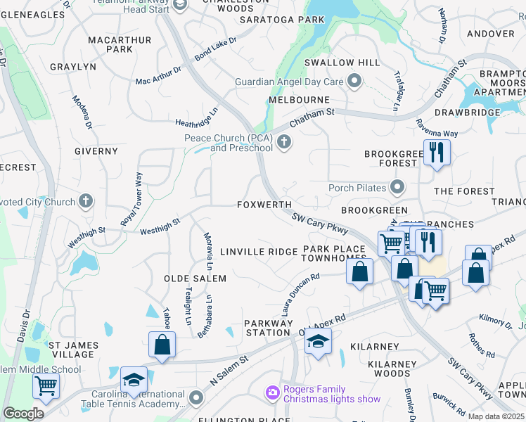 map of restaurants, bars, coffee shops, grocery stores, and more near 105 Jodhpur Drive in Cary