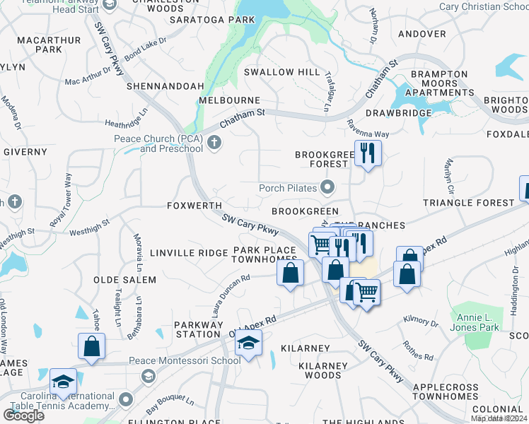 map of restaurants, bars, coffee shops, grocery stores, and more near 310 Wax Myrtle Court in Cary