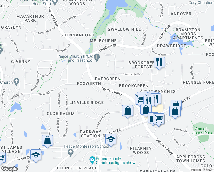 map of restaurants, bars, coffee shops, grocery stores, and more near 210 Wax Myrtle Court in Cary