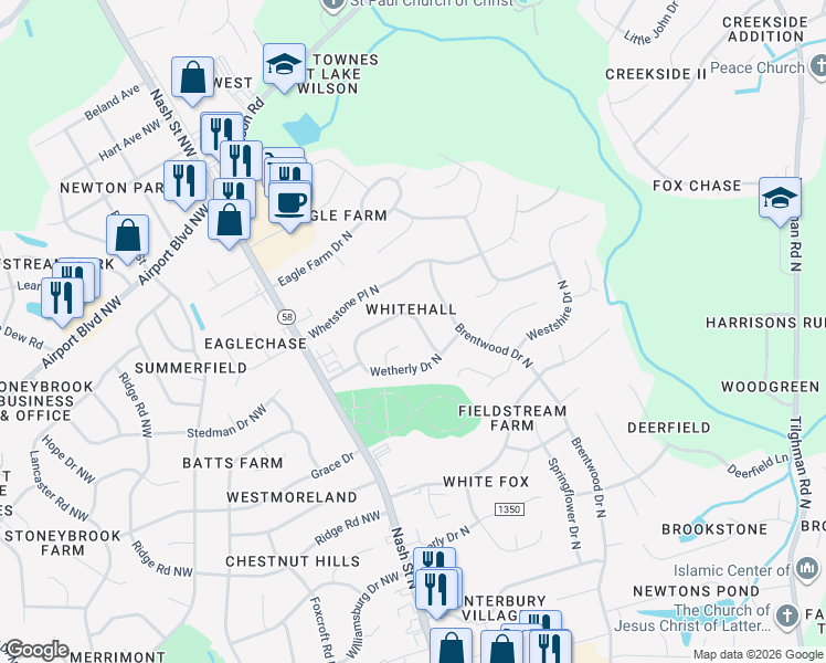 map of restaurants, bars, coffee shops, grocery stores, and more near 3305 Whitlock Drive North in Wilson